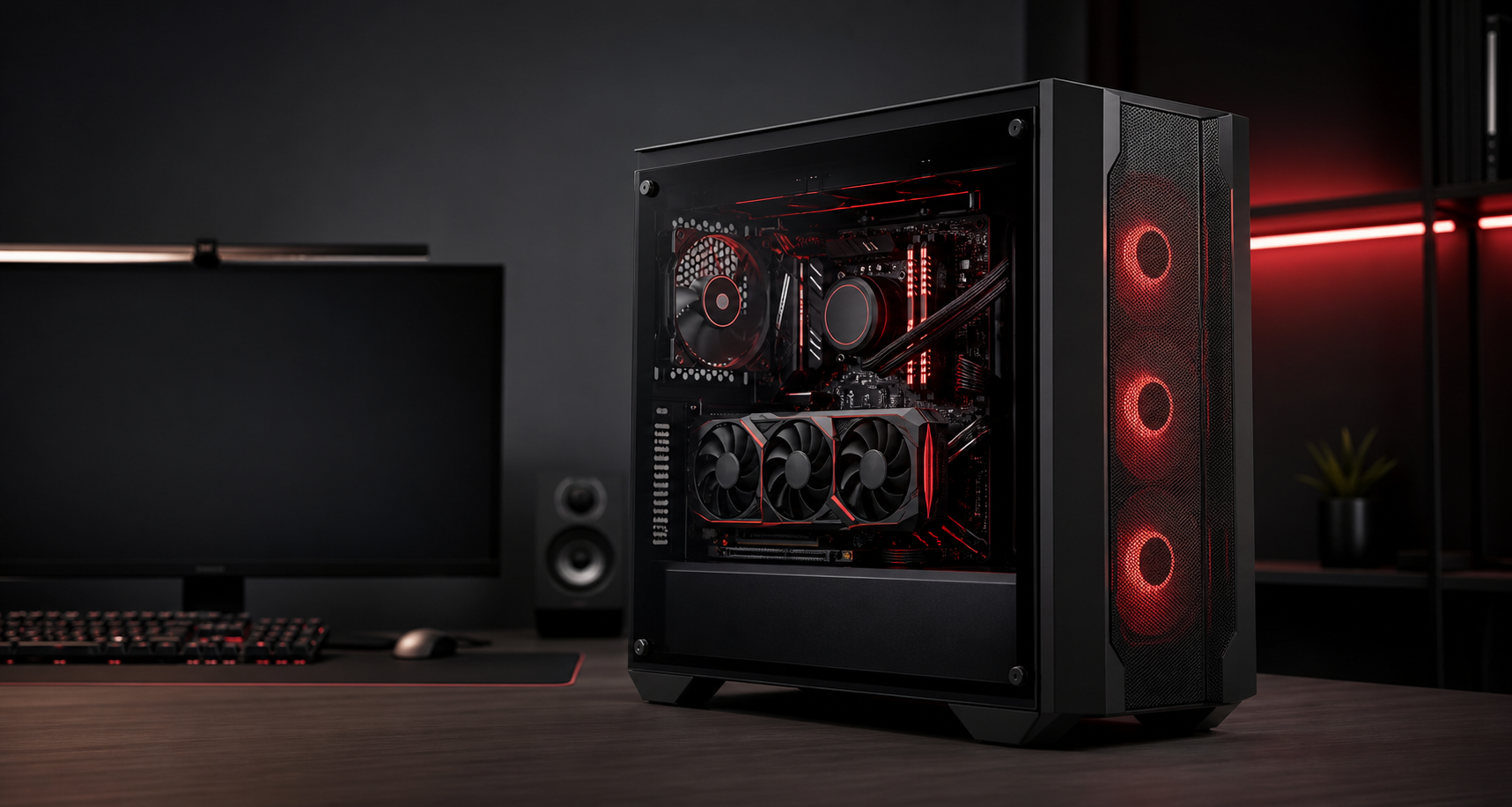 PC desktop DETIK11 dengan lampu aksen merah untuk review teknologi